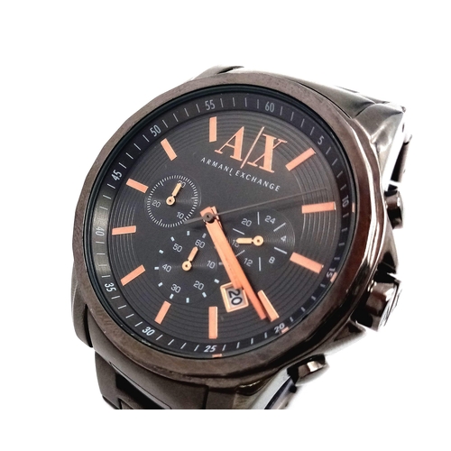 874 - An Armani Exchange Quartz Chronograph Watch. Graphite grey coloured stainless steel bracelet and cas... 