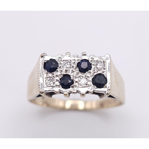 617 - AN ATTRACTIVE VINTAGE 9K YELLOW GOLD DIAMOND & SAPPHIRE 8 STONE SET RING, WEIGHT 2.9G SIZE O