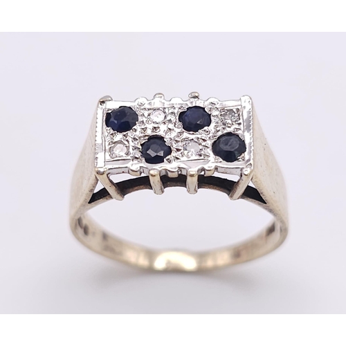 617 - AN ATTRACTIVE VINTAGE 9K YELLOW GOLD DIAMOND & SAPPHIRE 8 STONE SET RING, WEIGHT 2.9G SIZE O