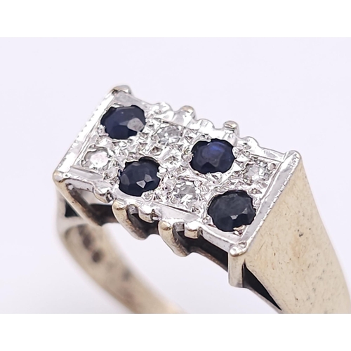 617 - AN ATTRACTIVE VINTAGE 9K YELLOW GOLD DIAMOND & SAPPHIRE 8 STONE SET RING, WEIGHT 2.9G SIZE O