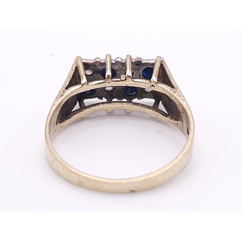 617 - AN ATTRACTIVE VINTAGE 9K YELLOW GOLD DIAMOND & SAPPHIRE 8 STONE SET RING, WEIGHT 2.9G SIZE O