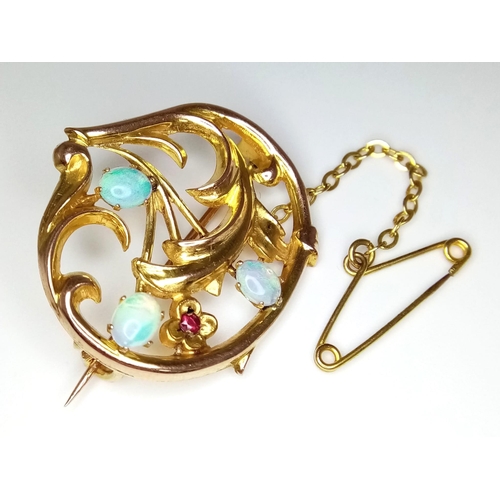 747 - An Excellent Condition, Rare Vintage, 9 Carat Gold Opal and Ruby Art Noveau Brooch. Maker J. Aitkin ... 