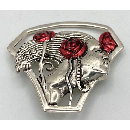 754 - A Sterling Silver, Art Noveau Design, Enameled Red Roses on Figurine. 41mm Length. 10.96 Grams. Exce... 