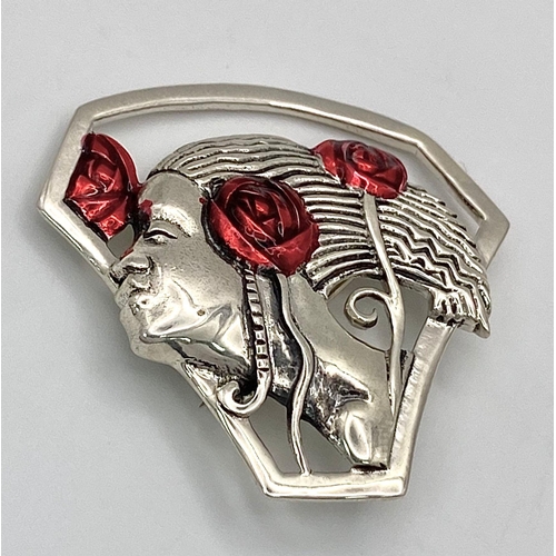 754 - A Sterling Silver, Art Noveau Design, Enameled Red Roses on Figurine. 41mm Length. 10.96 Grams. Exce... 