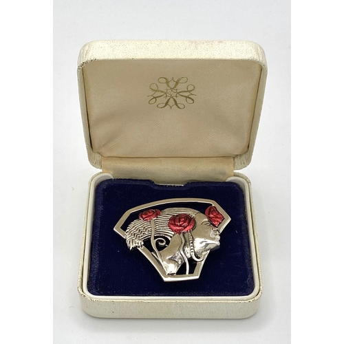 754 - A Sterling Silver, Art Noveau Design, Enameled Red Roses on Figurine. 41mm Length. 10.96 Grams. Exce... 