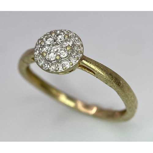 853 - 9K YELLOW GOLD DIAMOND SET RING, APPROX 0.15CT DIAMONDS, WEIGHT 1.4G SIZE K 1/2