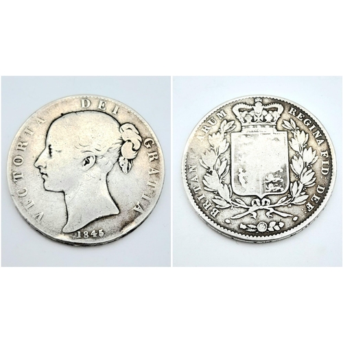 871 - An 1845 Young Head Queen Victoria Silver Crown. F+ grade but please see photos.