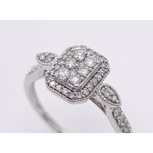 582 - A 9 K white gold ring with diamonds on crown and shoulders (0,35 carats), size: P, weight: 2.5 g.