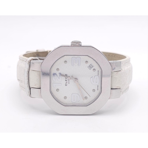 592 - A Clerc C-One Designer Swiss Quartz Gents Watch. White leather strap. Stainless steel case - 36mm. W... 