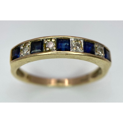 603 - 9K YELLOW GOLD DIAMOND & SAPPHIRE BAND RING, WEIGHT 1.7G SIZE L