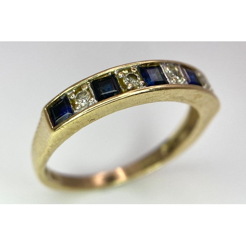 603 - 9K YELLOW GOLD DIAMOND & SAPPHIRE BAND RING, WEIGHT 1.7G SIZE L