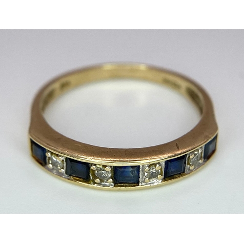 603 - 9K YELLOW GOLD DIAMOND & SAPPHIRE BAND RING, WEIGHT 1.7G SIZE L