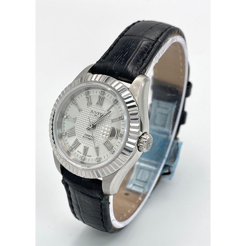 738 - A Juvet Diamond Automatic Ladies Watch. Black leather strap. Stainless steel skeleton back case - 30... 