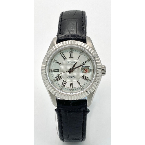 738 - A Juvet Diamond Automatic Ladies Watch. Black leather strap. Stainless steel skeleton back case - 30... 