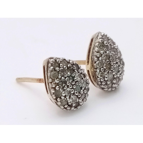 894 - PAIR OF 9K YELLOW GOLD DIAMOND SET PEAR SHAPED STUD EARRINGS, WEIGHT 1G, BOTH NEED BUTTERFLY BACKS