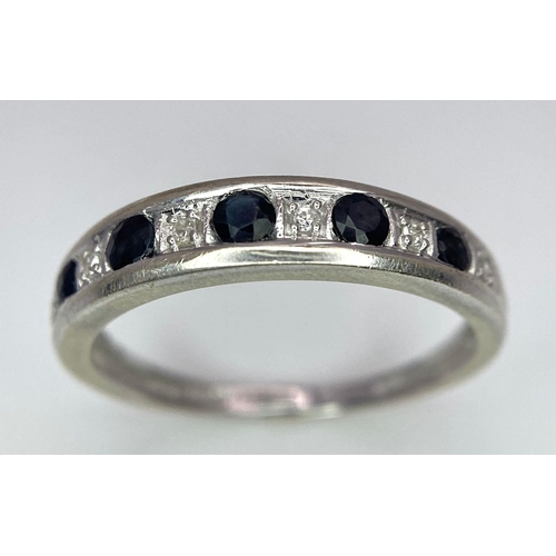 901 - 9K WHITE GOLD DIAMOND & SAPPHIRE HALF ETERNITY BAND RING, WEIGHT 1.2G SIZE K