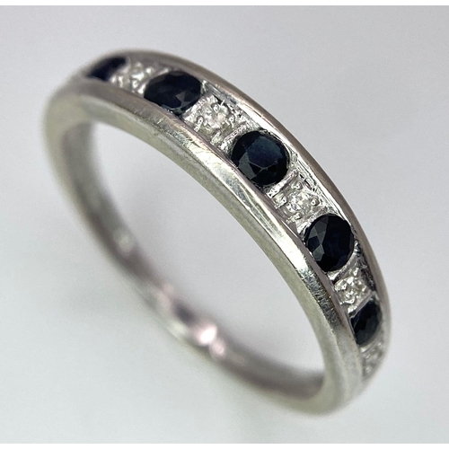 901 - 9K WHITE GOLD DIAMOND & SAPPHIRE HALF ETERNITY BAND RING, WEIGHT 1.2G SIZE K