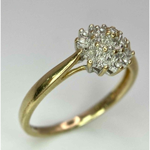 915 - 9K YELLOW GOLD DIAMOND CLUSTER RING, WEIGHT 1.7G SIZE M