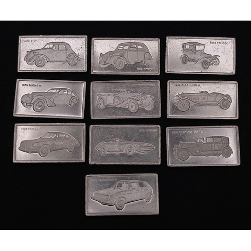 929 - TEN sterling silver European Car Manufacturers plates including Ferrari, Porsche, Bentley, Alpha Rom... 