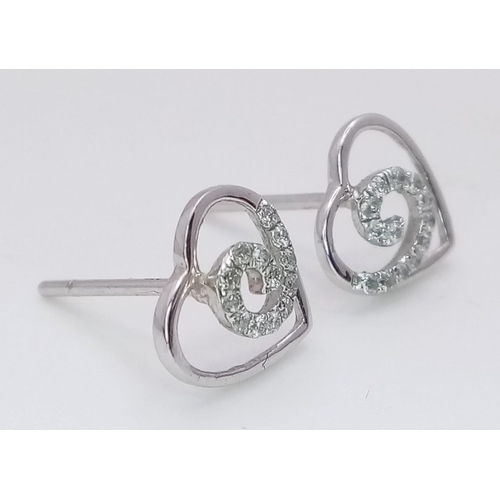 951 - PAIR OF 9K WHITE GOLD DIAMOND SET OPEN HEART STUD EARRINGS, WEIGHT 0.7G , BOTH NEED BUTTERFLY BACKS