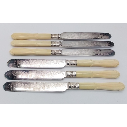 619 - An Antique Set of Six Decorative White Metal and Bone Handled Knives and Forks. Excellent condition ... 