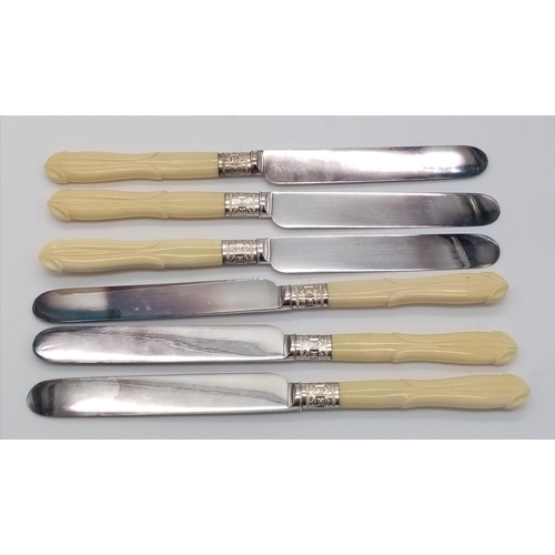 619 - An Antique Set of Six Decorative White Metal and Bone Handled Knives and Forks. Excellent condition ... 