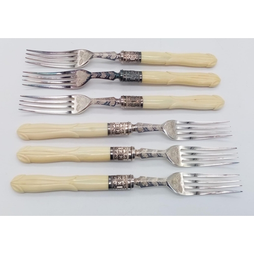 619 - An Antique Set of Six Decorative White Metal and Bone Handled Knives and Forks. Excellent condition ... 