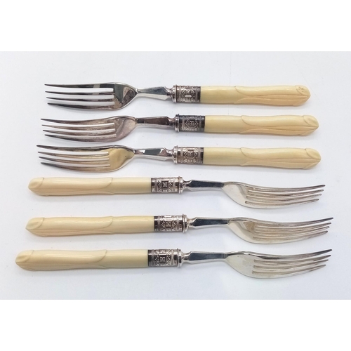 619 - An Antique Set of Six Decorative White Metal and Bone Handled Knives and Forks. Excellent condition ... 