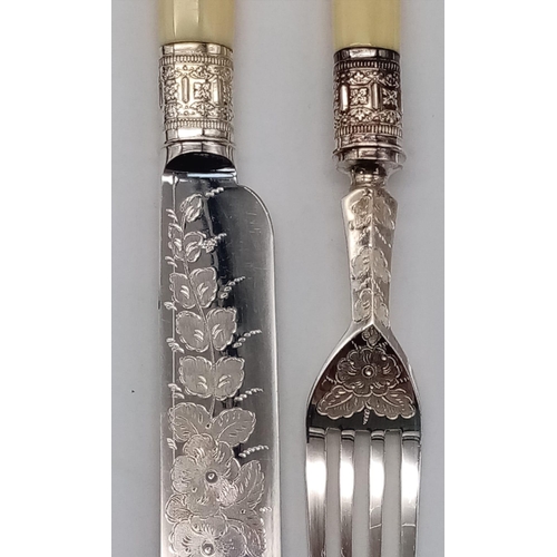 619 - An Antique Set of Six Decorative White Metal and Bone Handled Knives and Forks. Excellent condition ... 