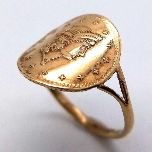 860 - 9K YELLOW GOLD COIN RING, WEIGHT 1.2G SIZE K