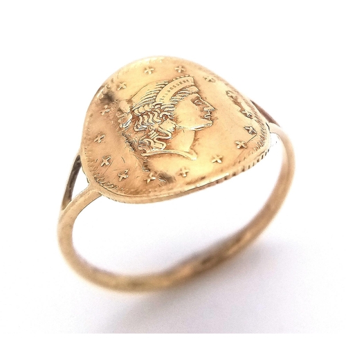 860 - 9K YELLOW GOLD COIN RING, WEIGHT 1.2G SIZE K