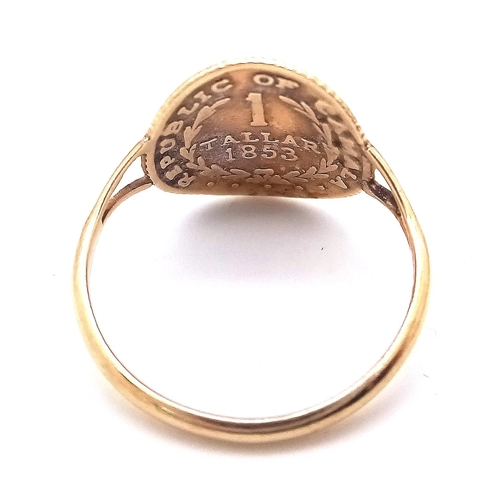 860 - 9K YELLOW GOLD COIN RING, WEIGHT 1.2G SIZE K