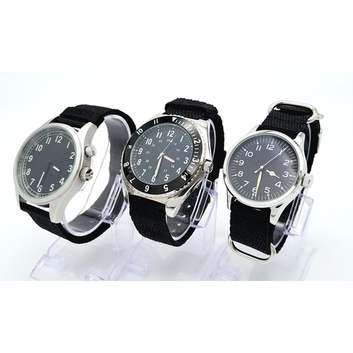 880 - Three Unworn Military Design Pilot Homage Watches, Comprising; 1)Canadian Airforce Navigator Design ... 