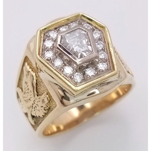 569 - A Head-Turning 18K Yellow Gold Diamond Hexagonal Signet Ring. A central bright hexagonal cut diamond... 