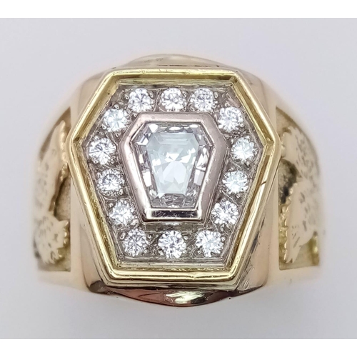 569 - A Head-Turning 18K Yellow Gold Diamond Hexagonal Signet Ring. A central bright hexagonal cut diamond... 