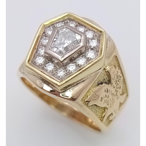 569 - A Head-Turning 18K Yellow Gold Diamond Hexagonal Signet Ring. A central bright hexagonal cut diamond... 