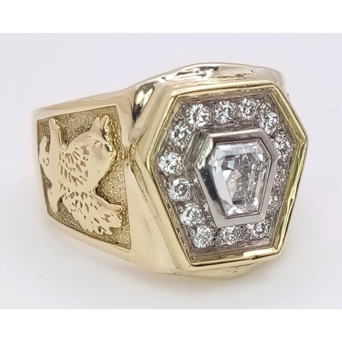 569 - A Head-Turning 18K Yellow Gold Diamond Hexagonal Signet Ring. A central bright hexagonal cut diamond... 