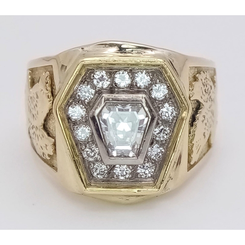 569 - A Head-Turning 18K Yellow Gold Diamond Hexagonal Signet Ring. A central bright hexagonal cut diamond... 