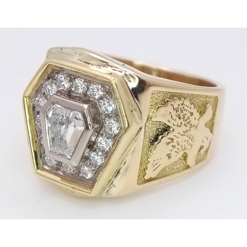 569 - A Head-Turning 18K Yellow Gold Diamond Hexagonal Signet Ring. A central bright hexagonal cut diamond... 