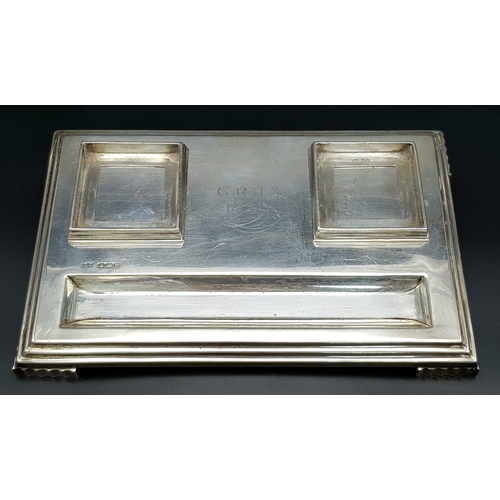 877 - A vintage sterling silver Mappin & Webb inkwell and pen holder. Total weight 577G. 23 X 15cm. Please... 