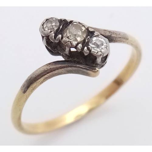 613 - A Vintage 18K Yellow Gold (tested) Old-Cut Diamond Crossover Ring. Size O. 2.25g total weight.