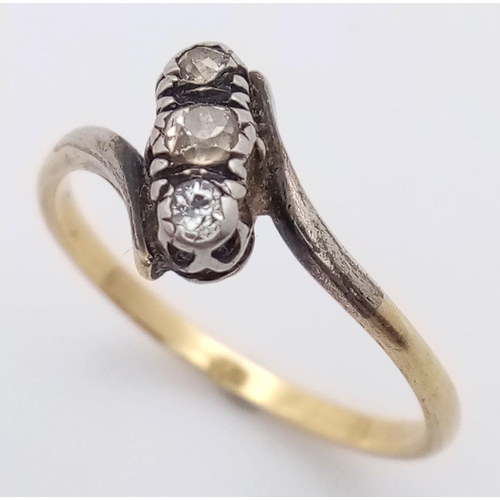 613 - A Vintage 18K Yellow Gold (tested) Old-Cut Diamond Crossover Ring. Size O. 2.25g total weight.