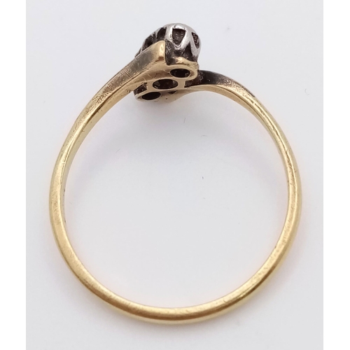 613 - A Vintage 18K Yellow Gold (tested) Old-Cut Diamond Crossover Ring. Size O. 2.25g total weight.