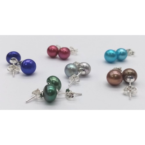 729 - Six Pairs of Vibrant Multi-Coloured Akoya Cultured Pearl Silver Stud Earrings.