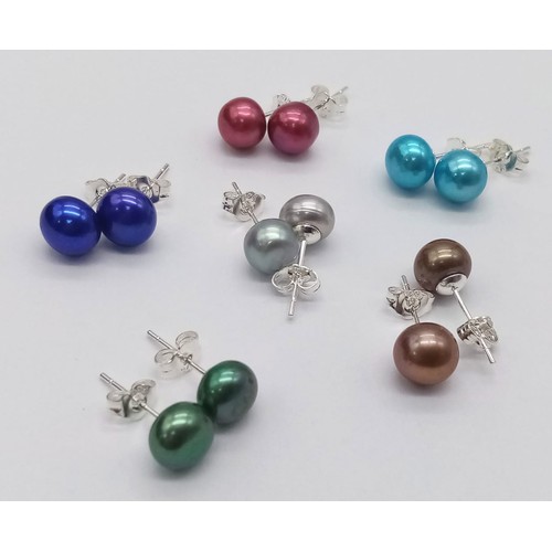 729 - Six Pairs of Vibrant Multi-Coloured Akoya Cultured Pearl Silver Stud Earrings.