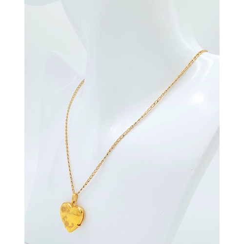 626 - A 9K GOLD HEART LOCKET ON A 44cms 9K GOLD CHAIN , LOVELY CONDITION  .    4.9gms