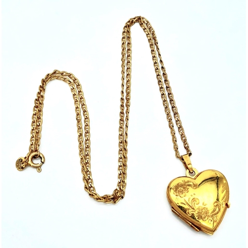 626 - A 9K GOLD HEART LOCKET ON A 44cms 9K GOLD CHAIN , LOVELY CONDITION  .    4.9gms