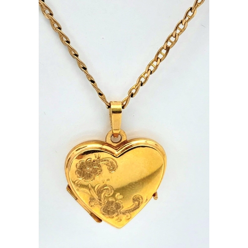 626 - A 9K GOLD HEART LOCKET ON A 44cms 9K GOLD CHAIN , LOVELY CONDITION  .    4.9gms