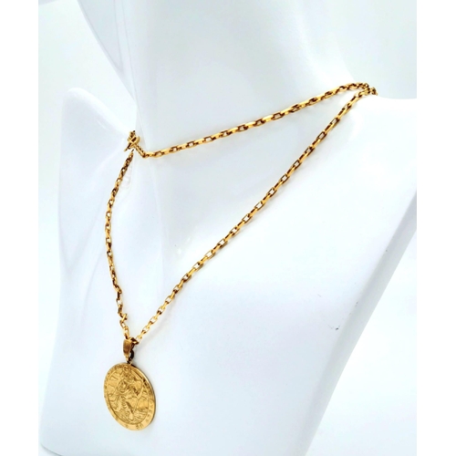 743 - A 74cms 9K GOLD CHAIN WITH A MODERN ST. CHRISTOPHER PENDANT .  10.8gms