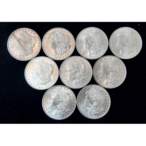 858 - A Collection of Nine Silver One Dollar Coins - 1878, 79, 82, 84, 85, 86, 87, 88 and 98. Please see p... 